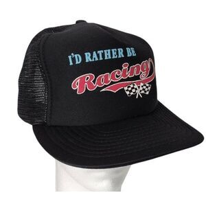 Vtg Speedway I'd Rather Be Racing Black Snapback Trucker Hat Cap Drag Stock Car